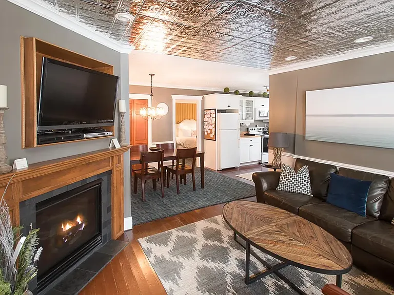 Living room, dining room and kitchen.