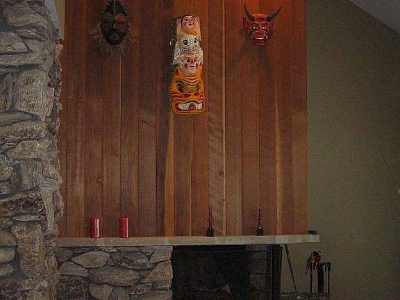 Lake Superior Stone and Redwood Fireplace