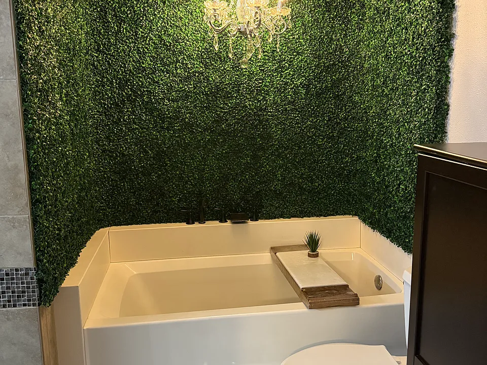 Master Bath with soaking tub and chandelier on dimmer switch.