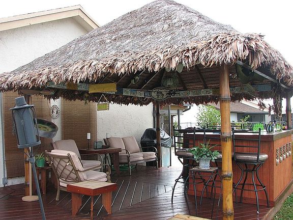 Tiki hut in backyard