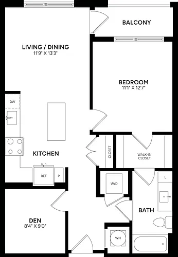 Floor plan 1 Bed/ 1 Bath Den-B01