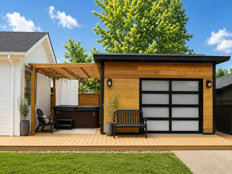 Covered area with Hot Tub and 13x14 recreational shed