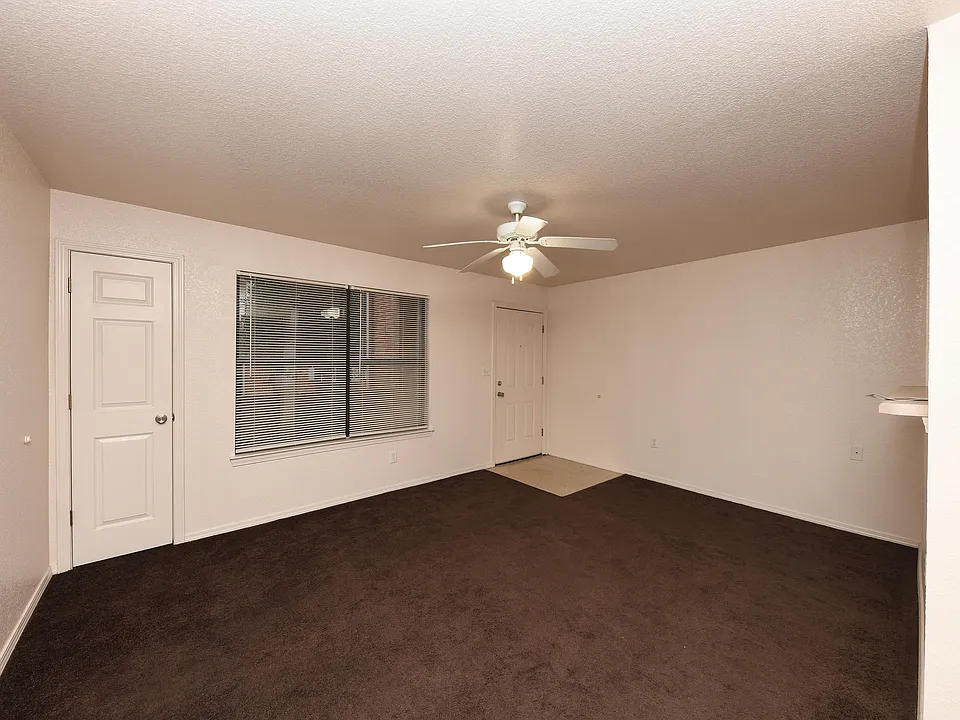 Spacious living room with carpet