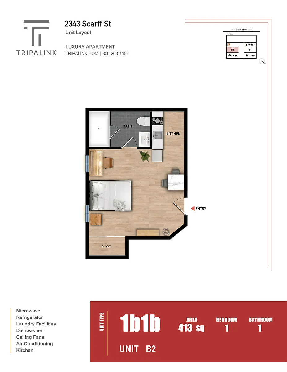 Floor plan 1 Bed 1 Bath - 413 sqft