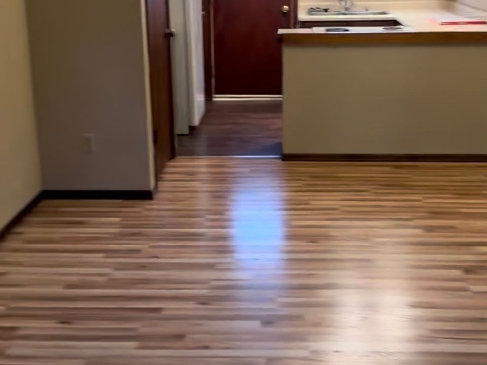 View from Entry of open concept living/dining and kitchen area.