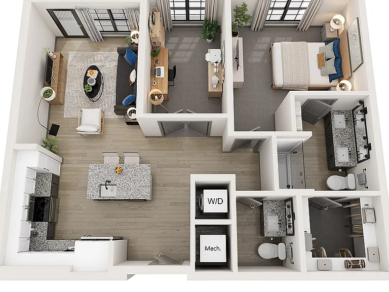 Explore this elegant urban layout, complete with a cozy bedroom and chic open-concept living space. This unique floorplan features a flexible den space and half bath. Perfect for office space, content creation room, or even guest room space. Explore this 