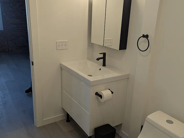 Vanity and mirrored medicine cabinet with Edison lighting