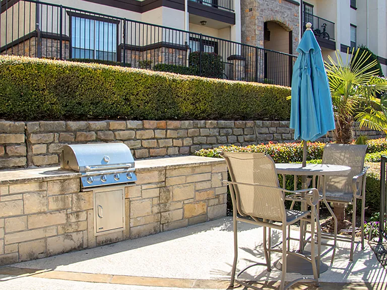 Community outdoor space with grilling area and shaded seating