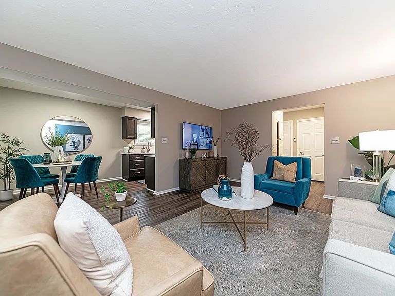 Spacious living room with hardwood-style flooring