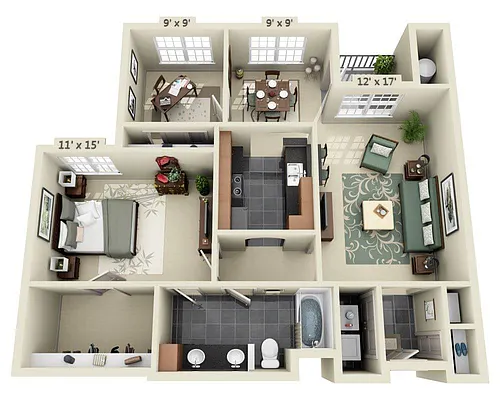 Floor plan D-A1AD (1X1 study)