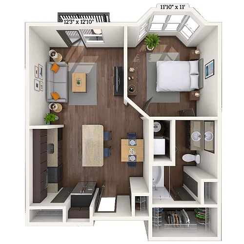 Floor plan Traditional 1x1 693-728 SF