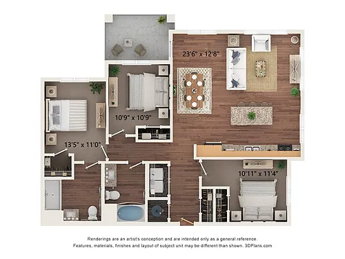 Floor plan Three Bedroom - 3A (Wheelchair Accessible)