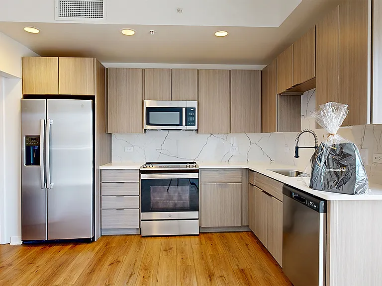 Apartment kitchen with stainless steel appliances, quartz countertops and wood-style flooring.