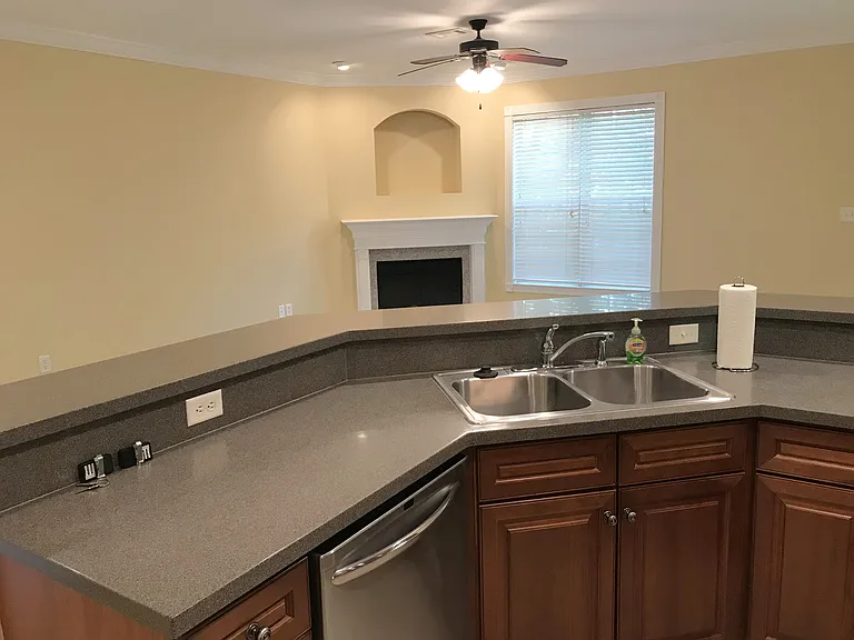 This is a view of the sink and stainless steal dishwasher. The counter tops are quartz.