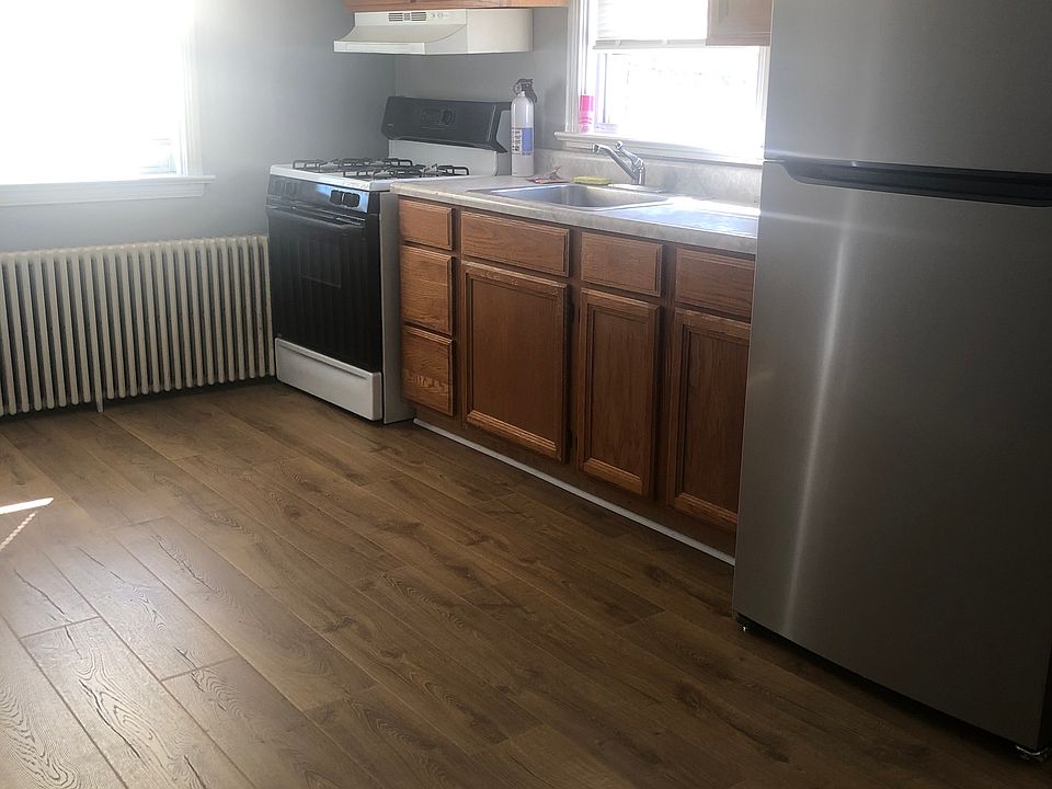 Kitchen with new flooring! New Frigidaire fridge! New ceiling fan!