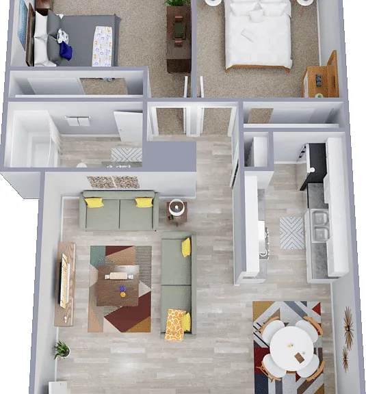 Two Bedrooms, One Bathroom Floorplan Diagram