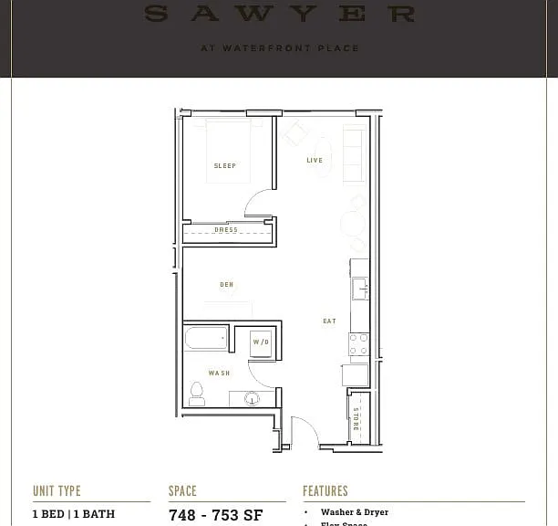 Explore The Sawyer's elegant one-bedroom apartment designed for modern comfort at Waterfront Place. Explore The Sawyer's elegant one-bedroom apartment designed for modern comfort at Waterfront Place.