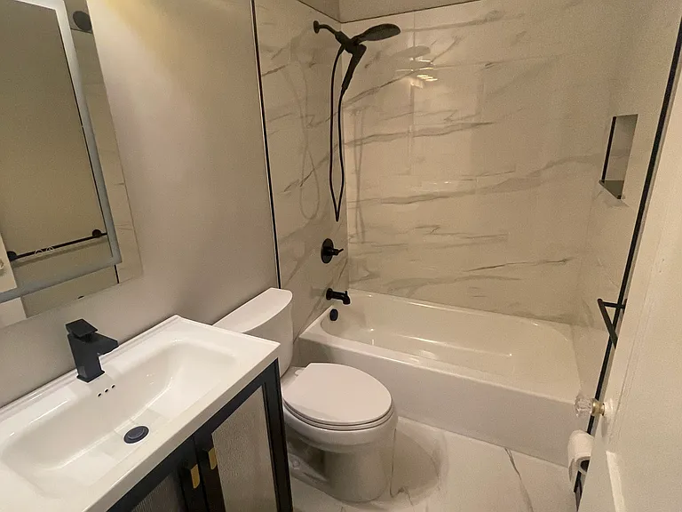 ALL NEW BATH WITH NEW DOUBLE DOOR VANITY , BLACK FAUCET AND LIGHTED TOUCH PAD FOG FREE MIRROW WITH INSIDE STORAGE FOR BATH ITEMS AS WELL