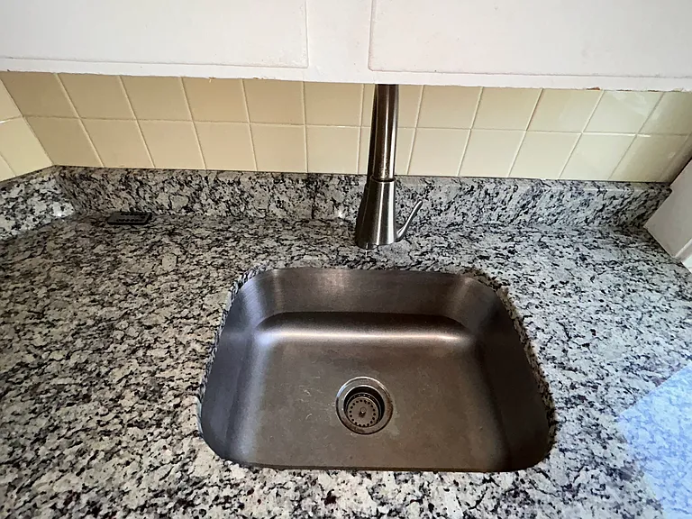 Granite counter, extra deep farmer's sink, spray faucet, garbage disposal