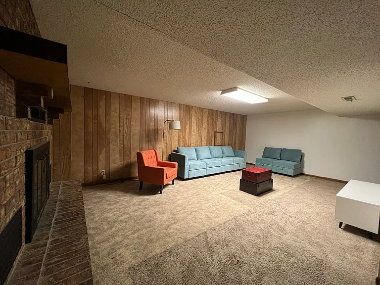 Basement living room with fireplace