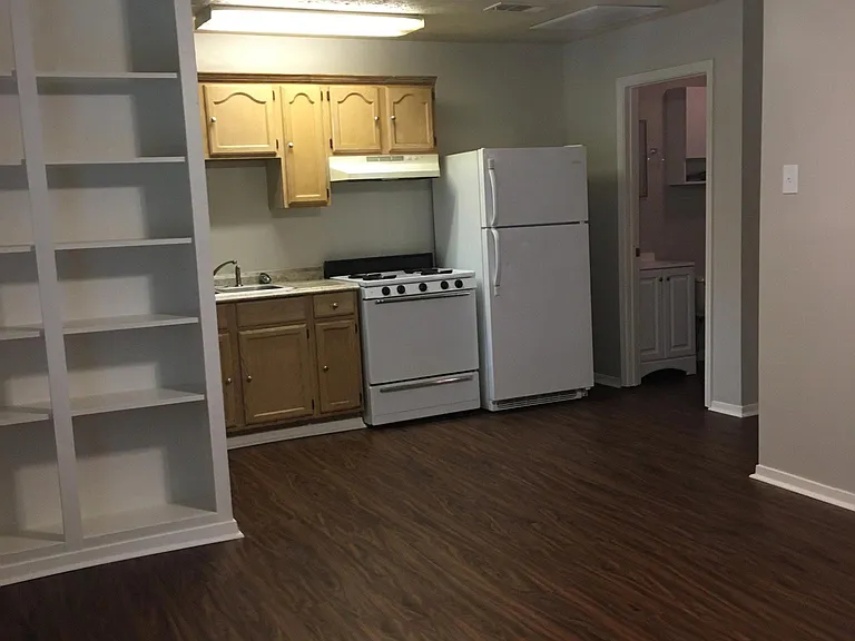 Living room with bookshelf open to kitchen