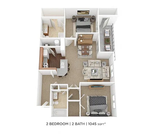 Floor plan Two Bedroom 2 Bath- 1,045 sqft