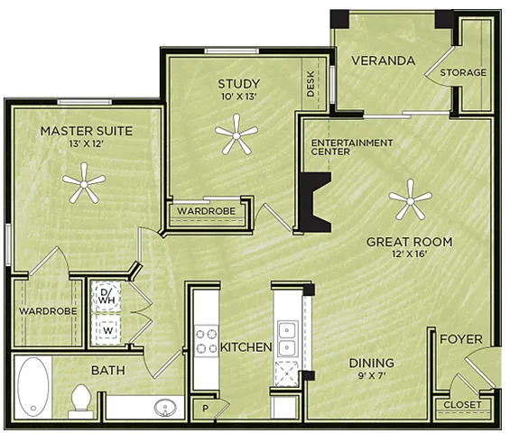 Floor plan A14: 1 Bed 1 Bath