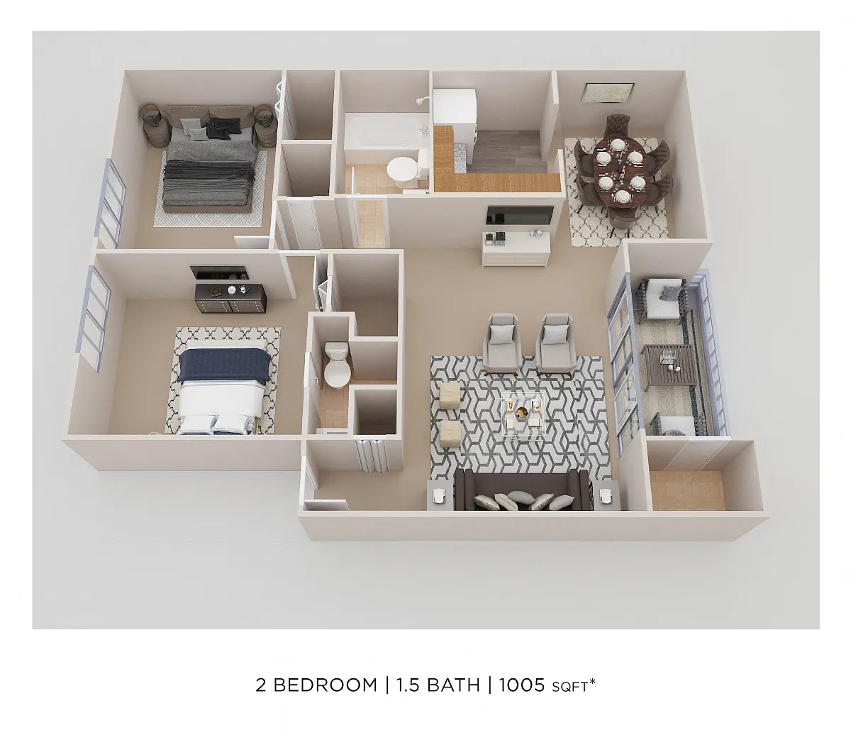 Floor plan Two Bedroom 2 Bath - 1,005 sqft