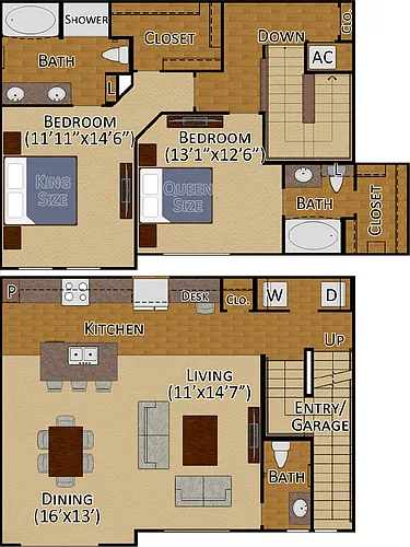Floor plan 2x2.5 TH Floors 2 & 3 Garage
