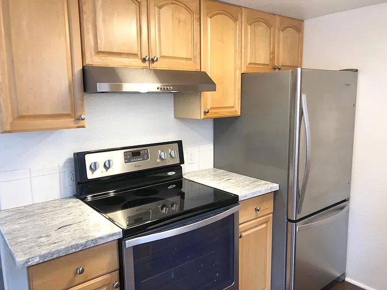 Stainless appliances & range hood.