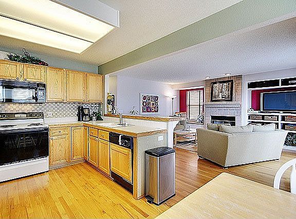 The kitchen flows easily into the family room.