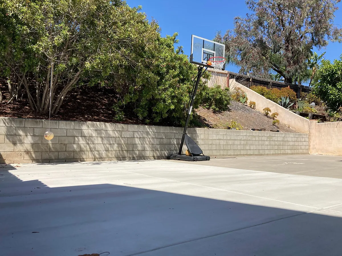Spacious concrete backyard furnished with a basketball hoop - 8456 Hydra Ln
