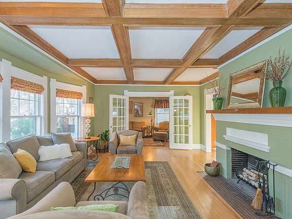 Coffered Ceiling, Wood Burning Fireplace in Living Room