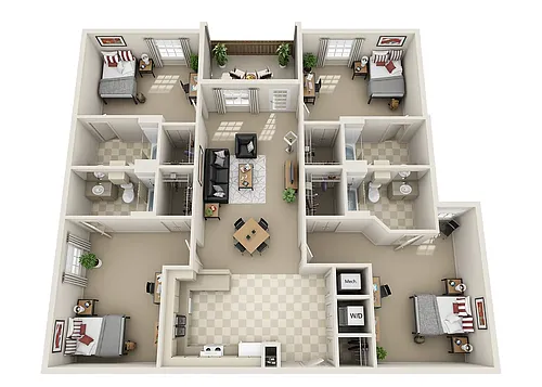 Floor plan 4 Bed 4 Bath Townhome Priced Per Room