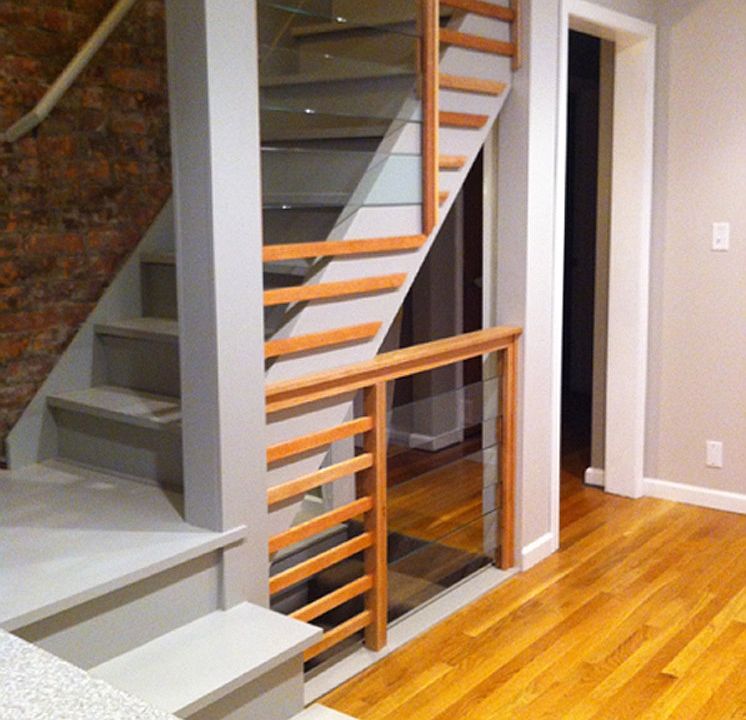 kitchen, dining, exposed brick, glass & mahogany railing