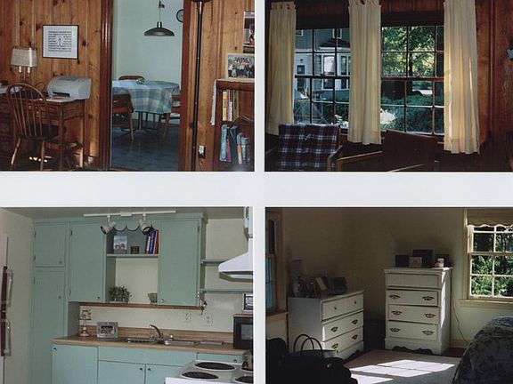 Top left: View from pine-paneled Living Room to dining table in Kitchen. Top right: From Living Room up the driveway towards Benton Ave. Lower left: Kitchen sink and cabinets, top of stove. Lower right: Bedroom with view east across neighbor's back yard.