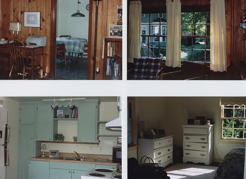 Top left: View from pine-paneled Living Room to dining table in Kitchen. Top right: From Living Room up the driveway towards Benton Ave. Lower left: Kitchen sink and cabinets, top of stove. Lower right: Bedroom with view east across neighbor's back yard.