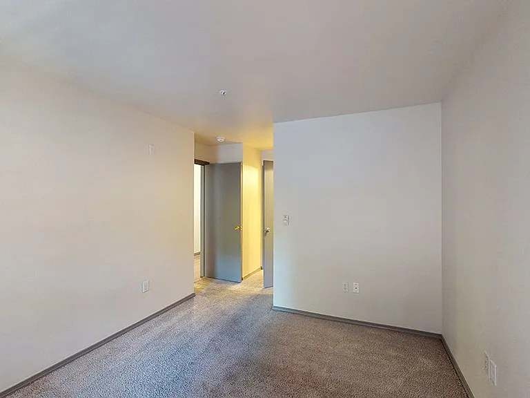 Spacious apartment bedroom with plush carpet flooring.