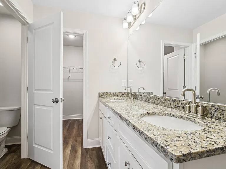 Primary bathroom with double vanity, and walk-in closet.