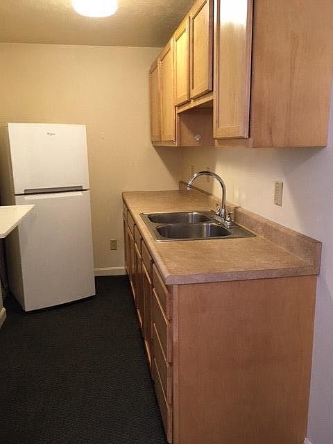 Galley type kitchen with refrigerator and stove included