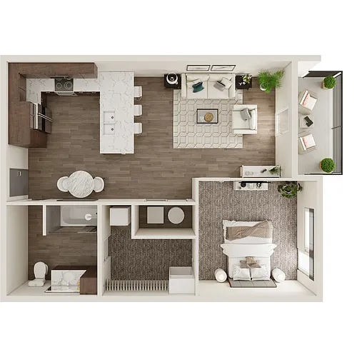 Floor plan 1 Bedroom, 1 Bathroom - 690-713 SF