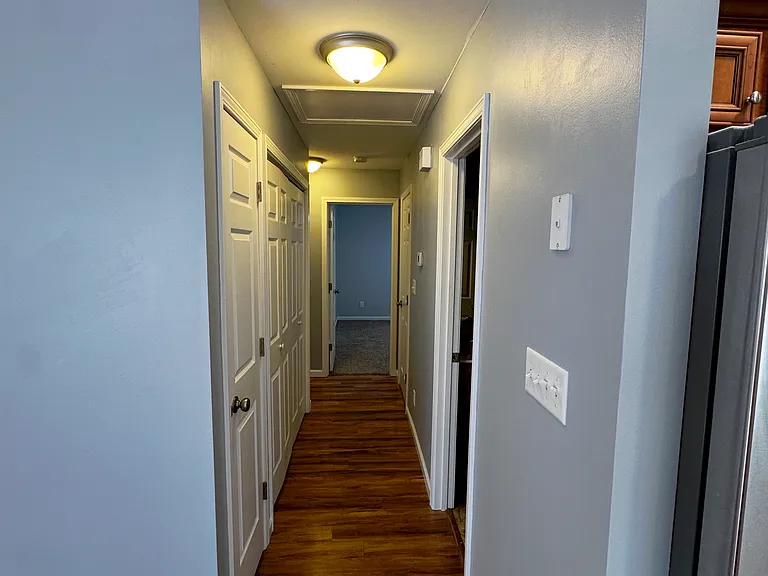 Front side of the hall way showcasing the master bedroom directly at the end of the hall.