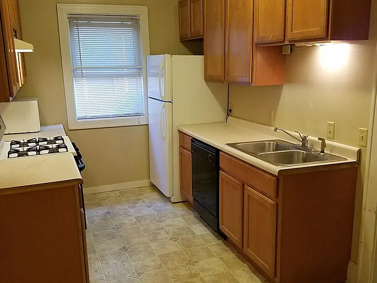 Nice size kitchen with newer cabinets and good counter space. Sink, DW, refrigerator, and gas stove.