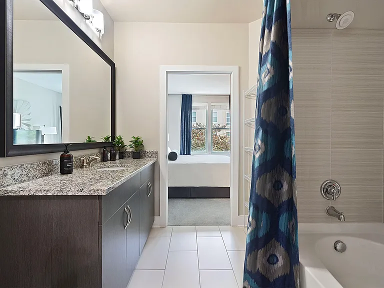 Modern bathrooms with soaking tubs, tile surround and Bluetooth showerheads in select homes