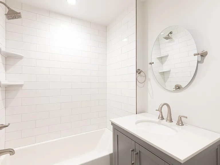 Brand new bathroom with subway tile, vanity cabinet with lots of storage.