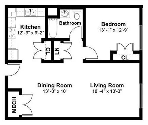 Floor plan One Bedroom - Call for Pricing and Availability