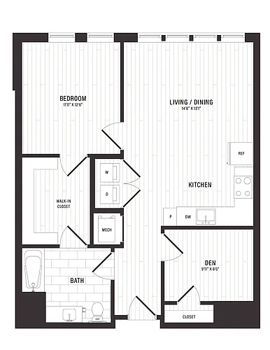 Floor plan 1 Bed/1 Bath Den-D3