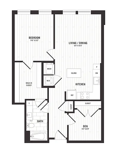 Floor plan 1 Bed/1 Bath Den-D1