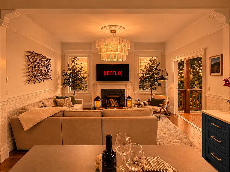 Timeless Victorian charm meets indoor-outdoor California living, featuring lush garden views, a heated outdoor living room and morning sunlight streaming through an eastern exposure above beautifully landscaped garden.