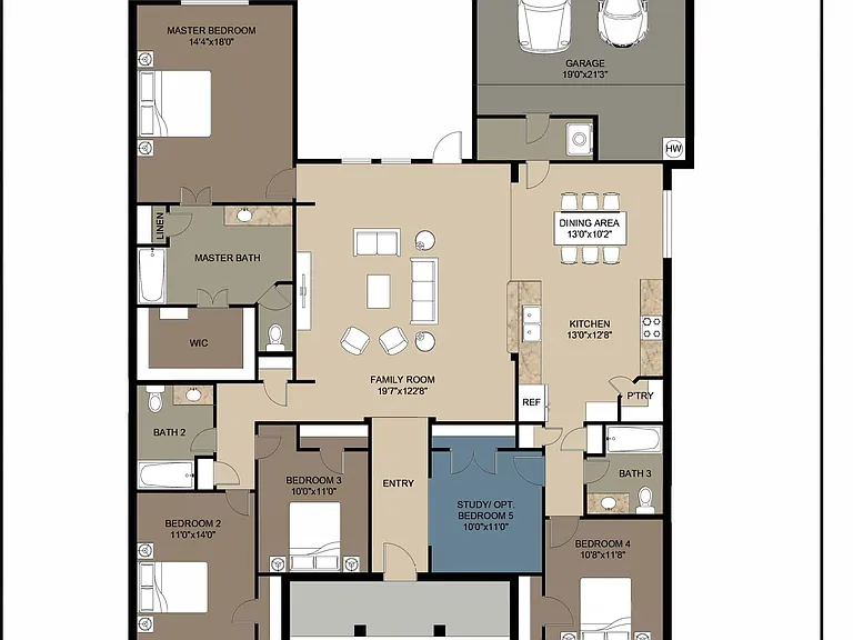 Hawthorne floor plan showcasing a 5-bedroom layout with an expansive family room, modern kitchen with dining area, and a double garage. Hawthorne floor plan showcasing a 5-bedroom layout with an expansive family room, modern kitchen with dining area, and